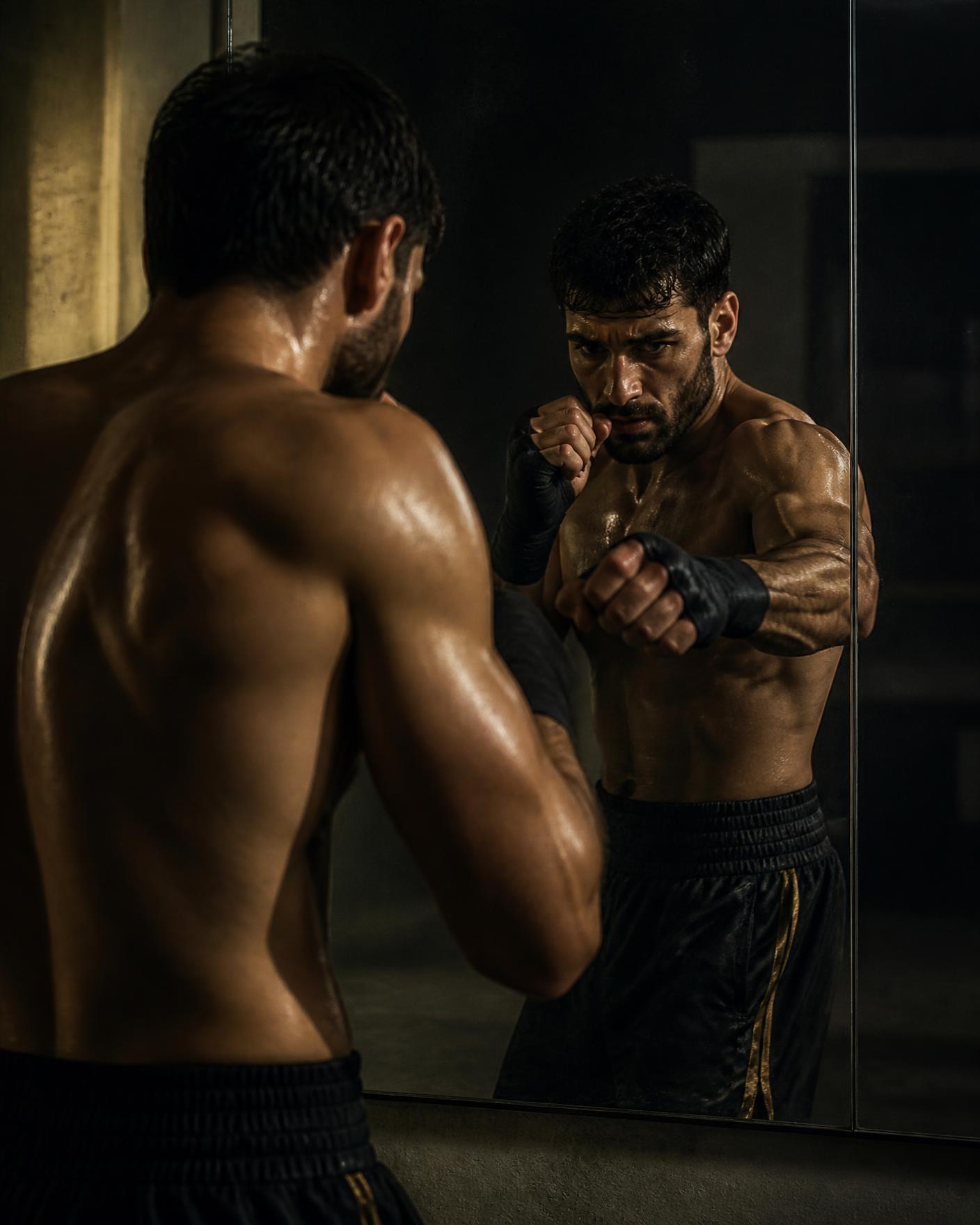 Combat athlete shadow boxing in front of a gym mirror