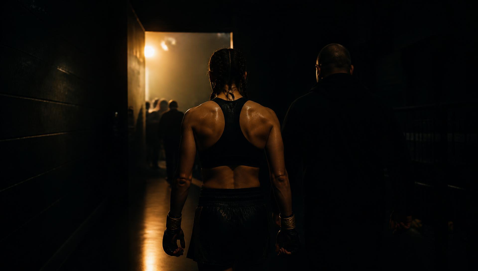 Fighter walking a backstage corridor toward the arena lights with their coach