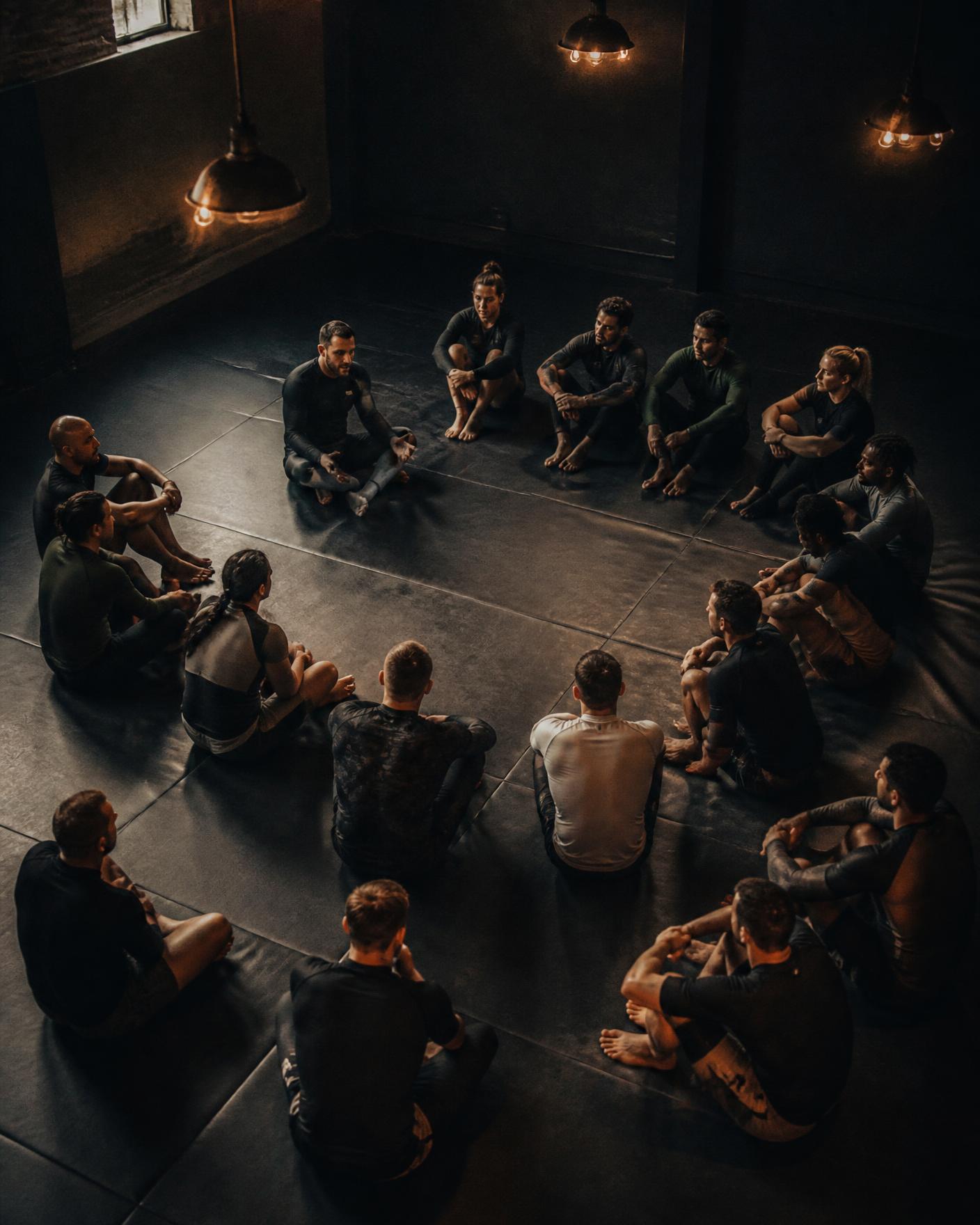 Combat sports gym community sitting in a circle on the mats