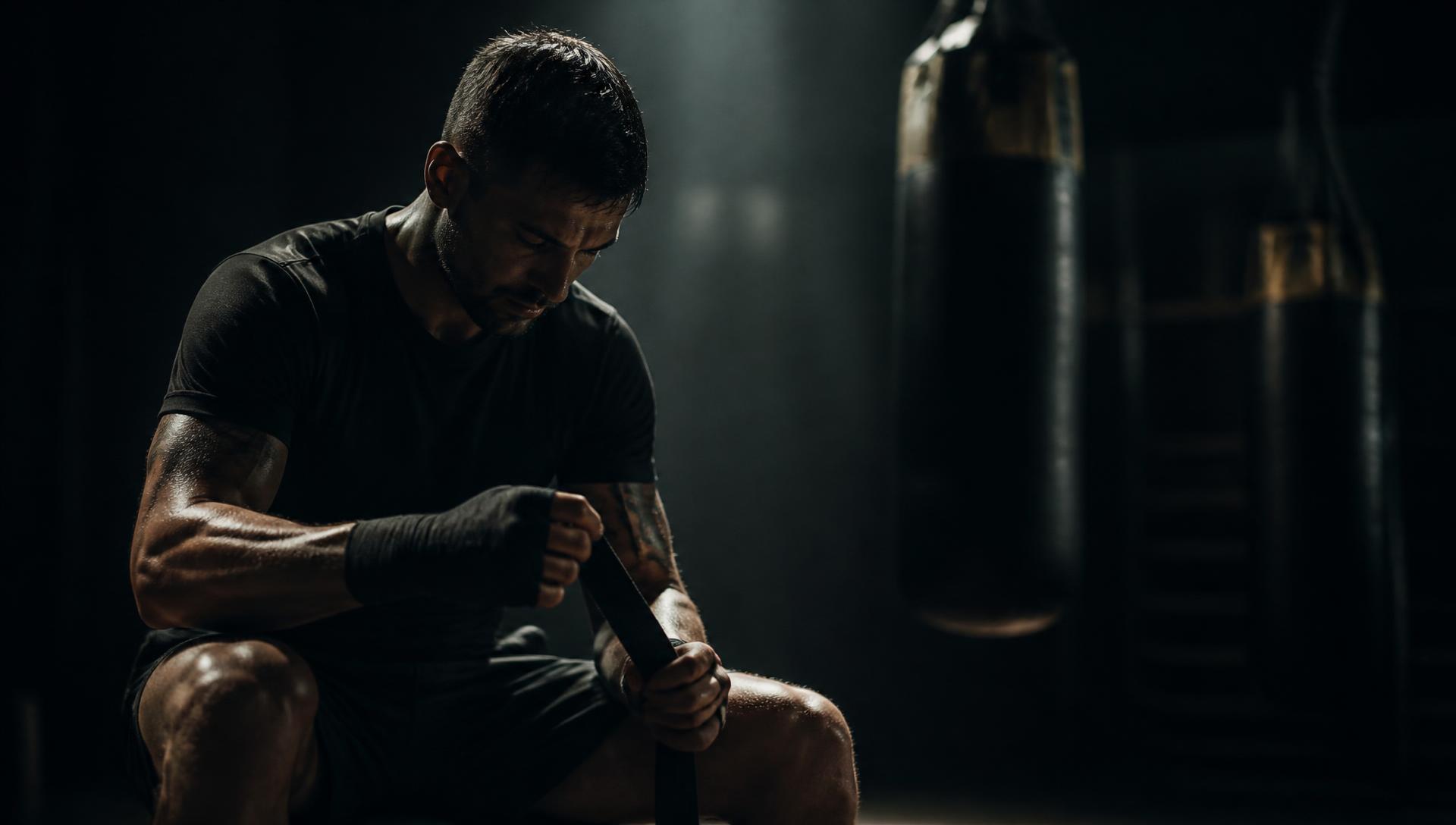 Combat athlete wrapping their hands alone in a dark gym