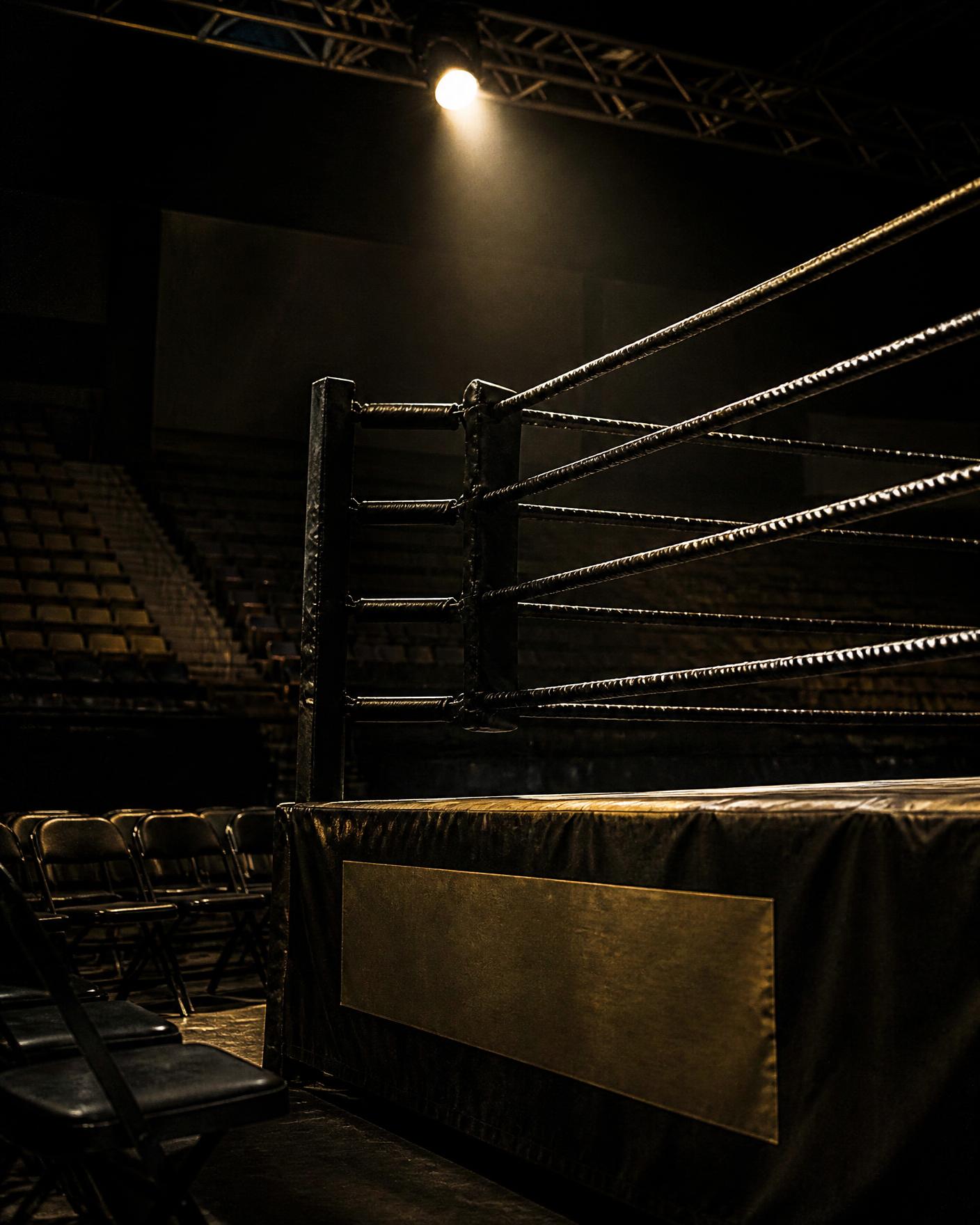 Unbranded ringside detail in an empty arena before a show
