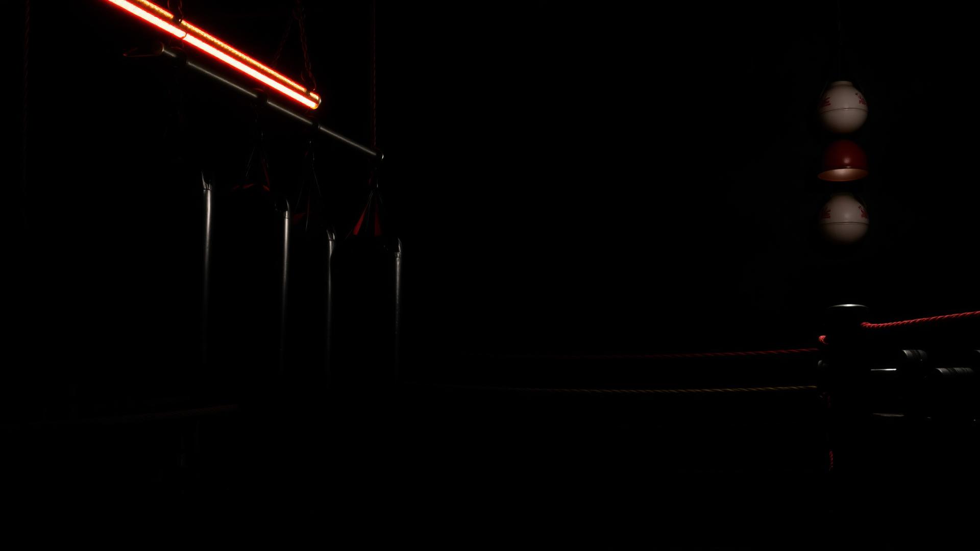 Dark cinematic boxing gym with heavy bags and ring ropes