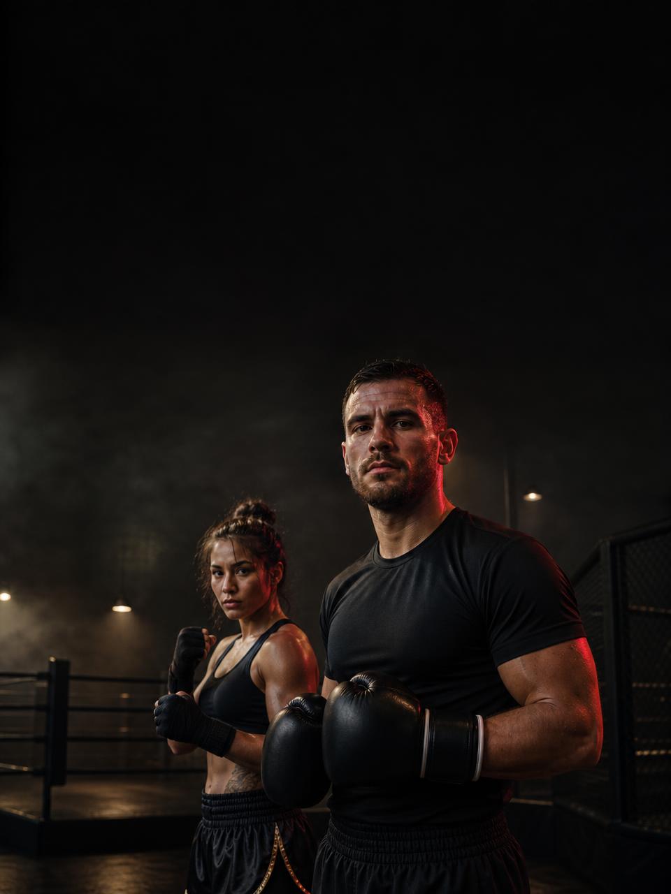 Fictional boxing, MMA and grappling athletes preparing inside a cinematic combat-sports gym.
