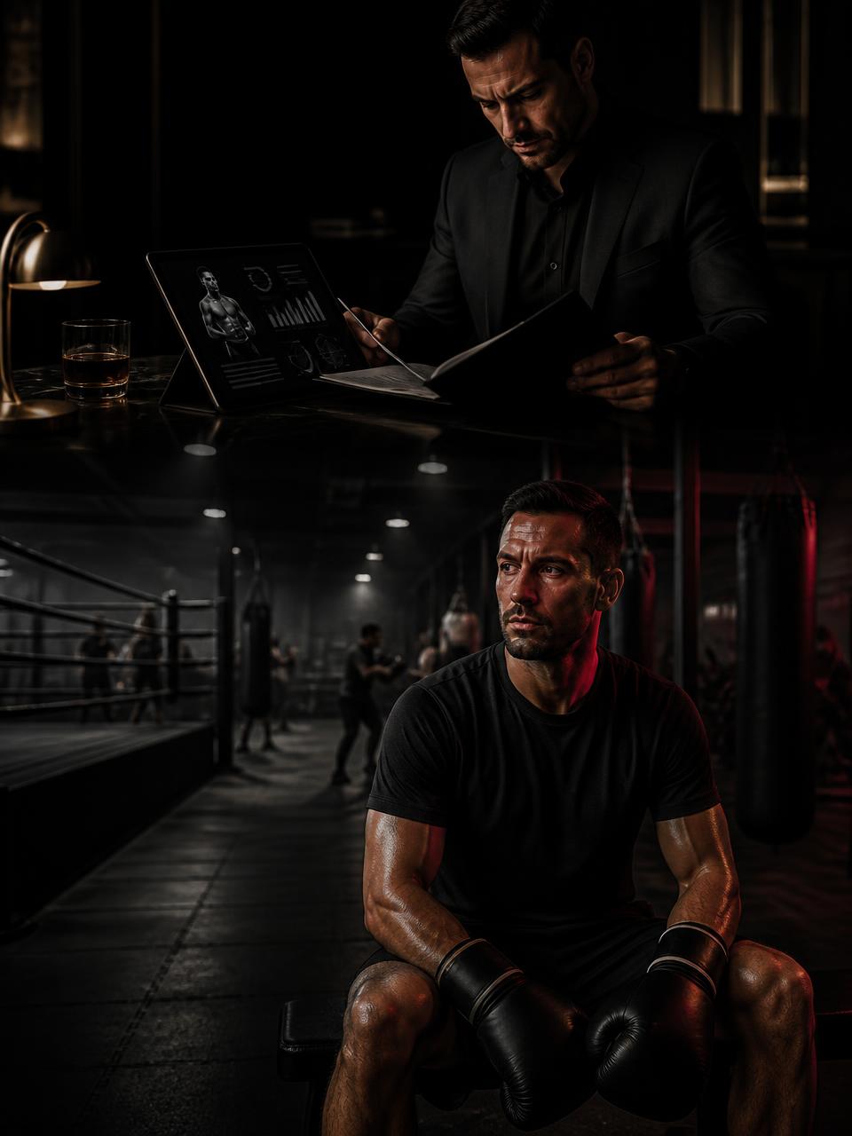 Fictional sponsor reviewing an athlete proposal beside a combat-sports gym and professional boxer.